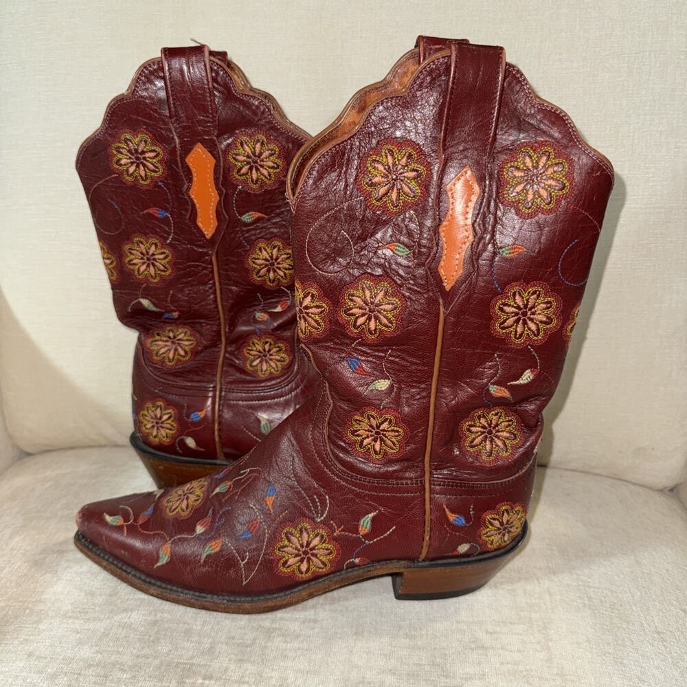 Lucchese 1883 Women's 8 B Embroidered Leather Snip Toe Cowboy Boots Red Brown
